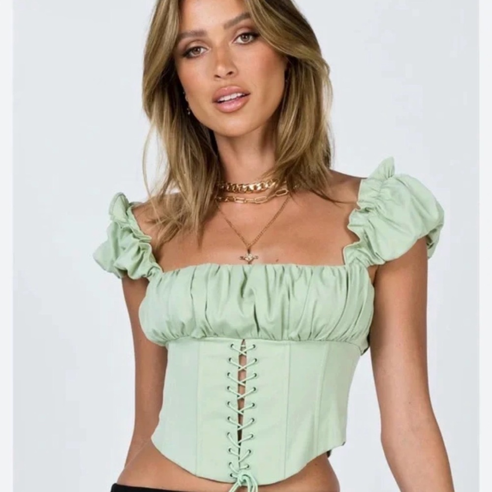 Princess Polly Sage Green Lace-Up Corset Blouse